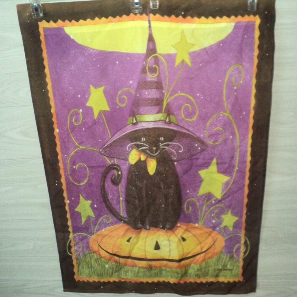 Halloween Garden Flag, Beth Yarbrough  Black Cat in Witch Hat on Pumpkin 40 x 28